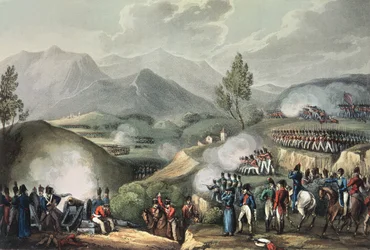 Salamondai csata, 1809. május 16., James Jenkins „The Martial Achievements of Great Britain and Her Allies 1799-1815” című művéből, Thomas Sutherland (b.c.1785) metszet (metszet)